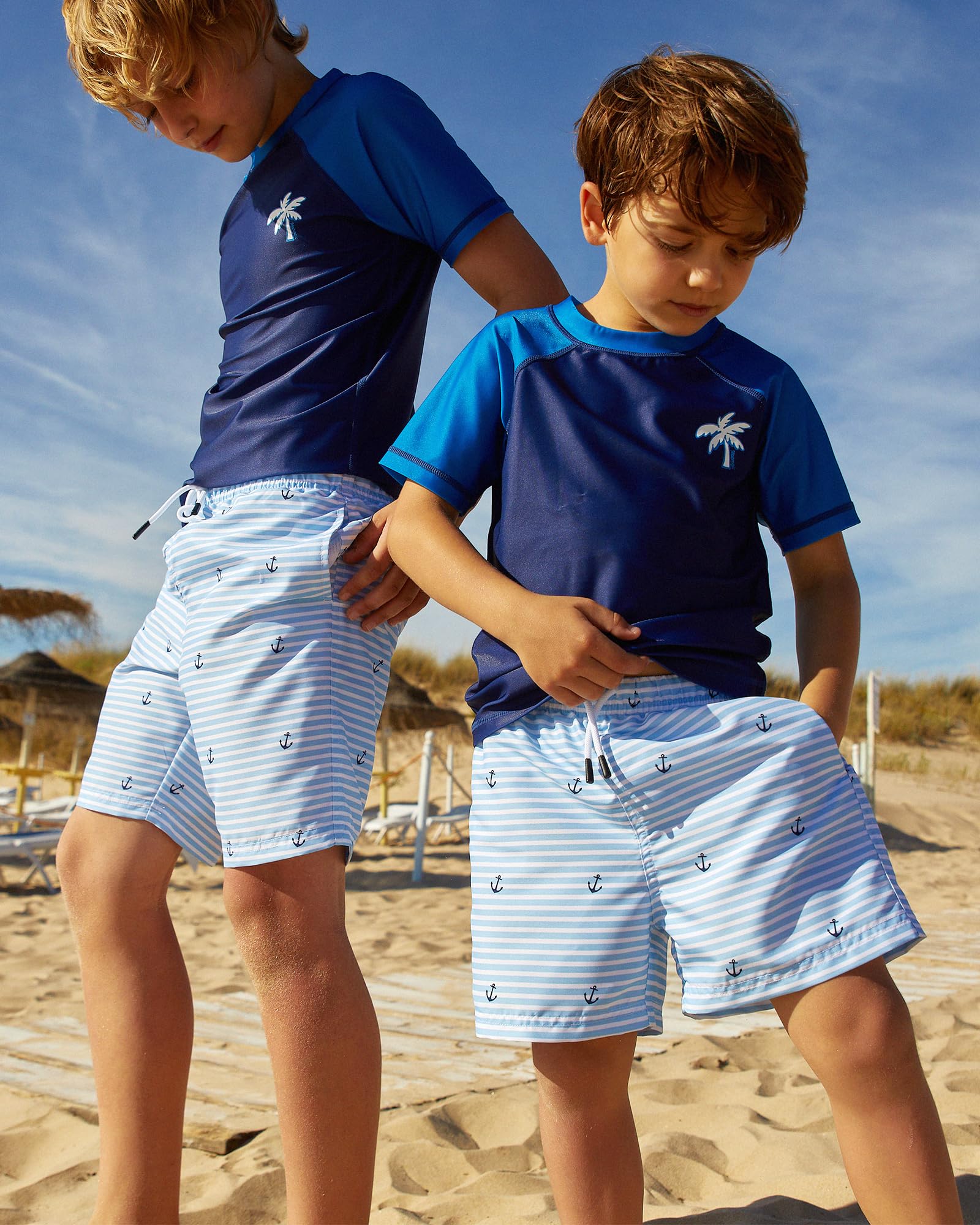 maamgic Boys Swim Trunks with Compression Liner Toddler Stretch Swim Shorts Quick Dry Swimming Trunks Boxer Brief 2 in 1 Beach Shorts White Blue Striped 2T