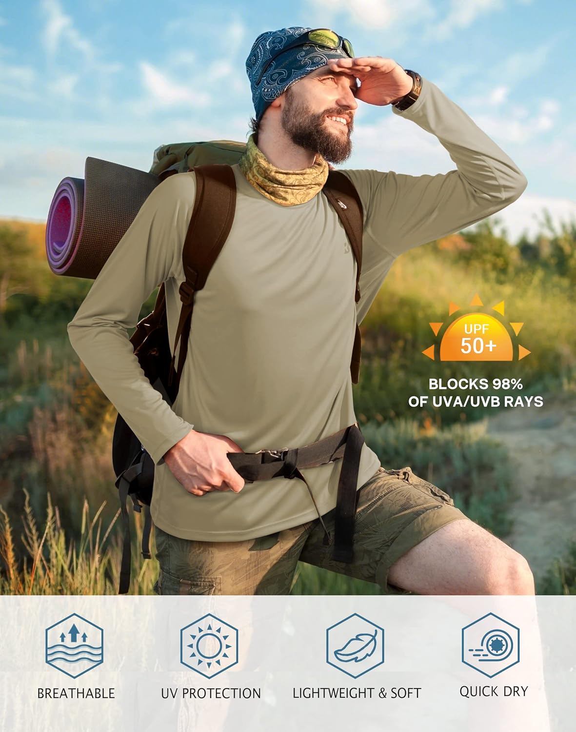 Roadbox Men's UPF 50+ UV Sun Protection Long Sleeve Shirt - SPF Rash Guard for Outdoor Activities