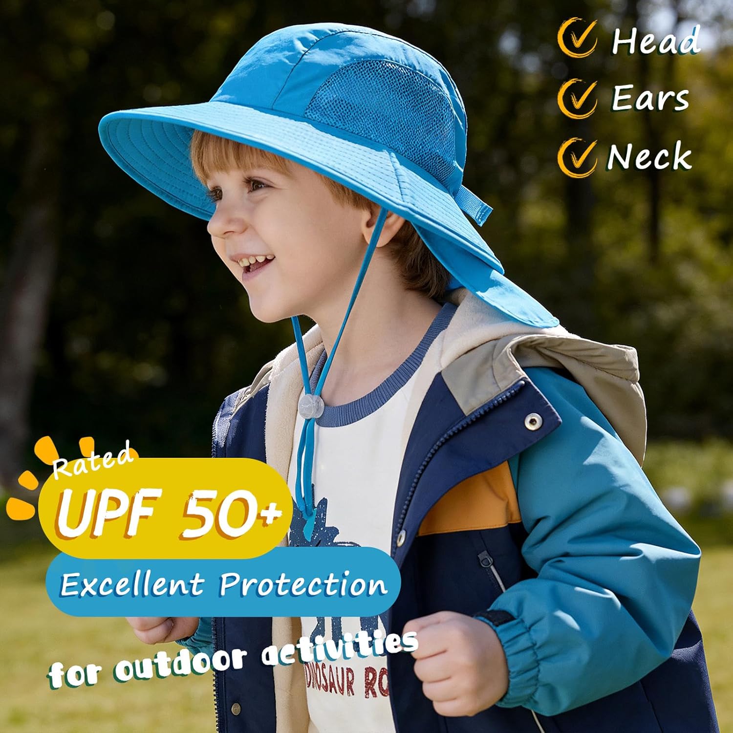 Skiennix Outdoor Kids Sun Hat - UPF 50+ UV Protection with Neck Flap | Wide Brim Bucket Hat for Boys & Girls