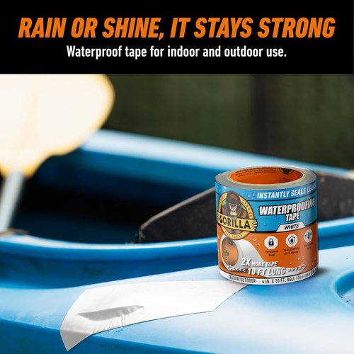 Gorilla Waterproof Patch & Seal Tape - 4" x 10' White Tape for Permanent Weather-Resistant Repairs