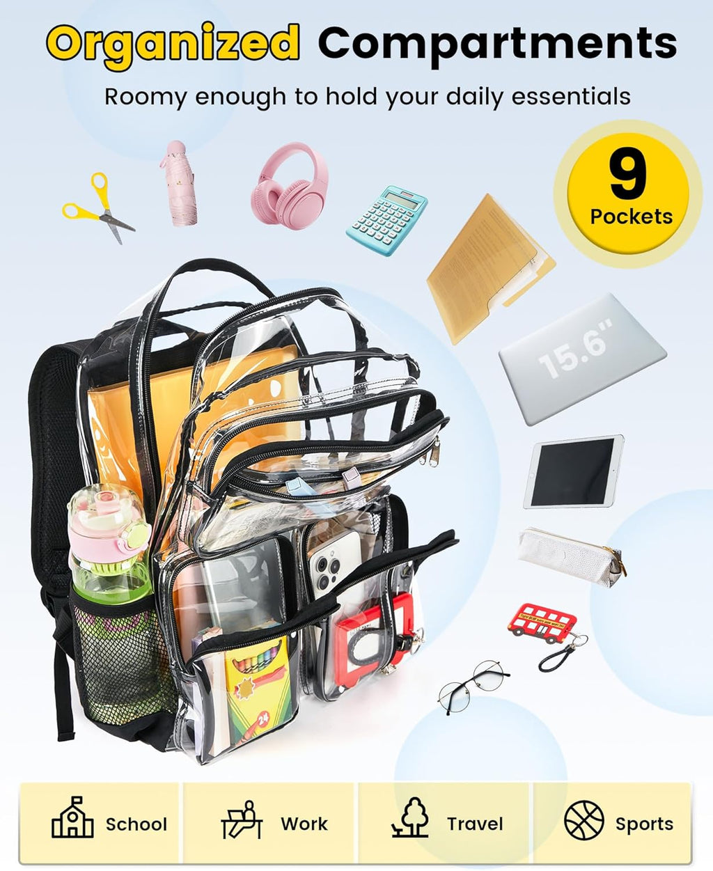 Vorspack Clear Backpack - Heavy Duty Transparent Bookbag for School & Travel | Large Black Design