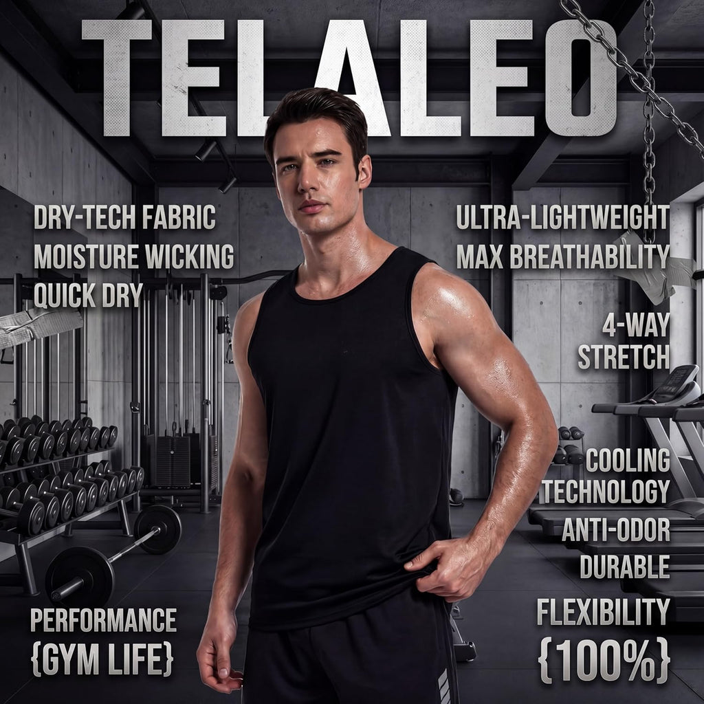TELALEO Men's Workout Tank Tops - 5 Pack Sleeveless Mesh Gym Shirts | Quick Dry in Black, Gray, Navy & Blue