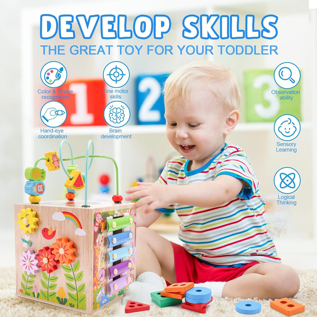 Wooden Activity Cube - Montessori Educational Toy for Toddlers 1-3 Years | Perfect 1st Birthday Gift | Includes Bonus Sorting & Stacking Game (Pink)