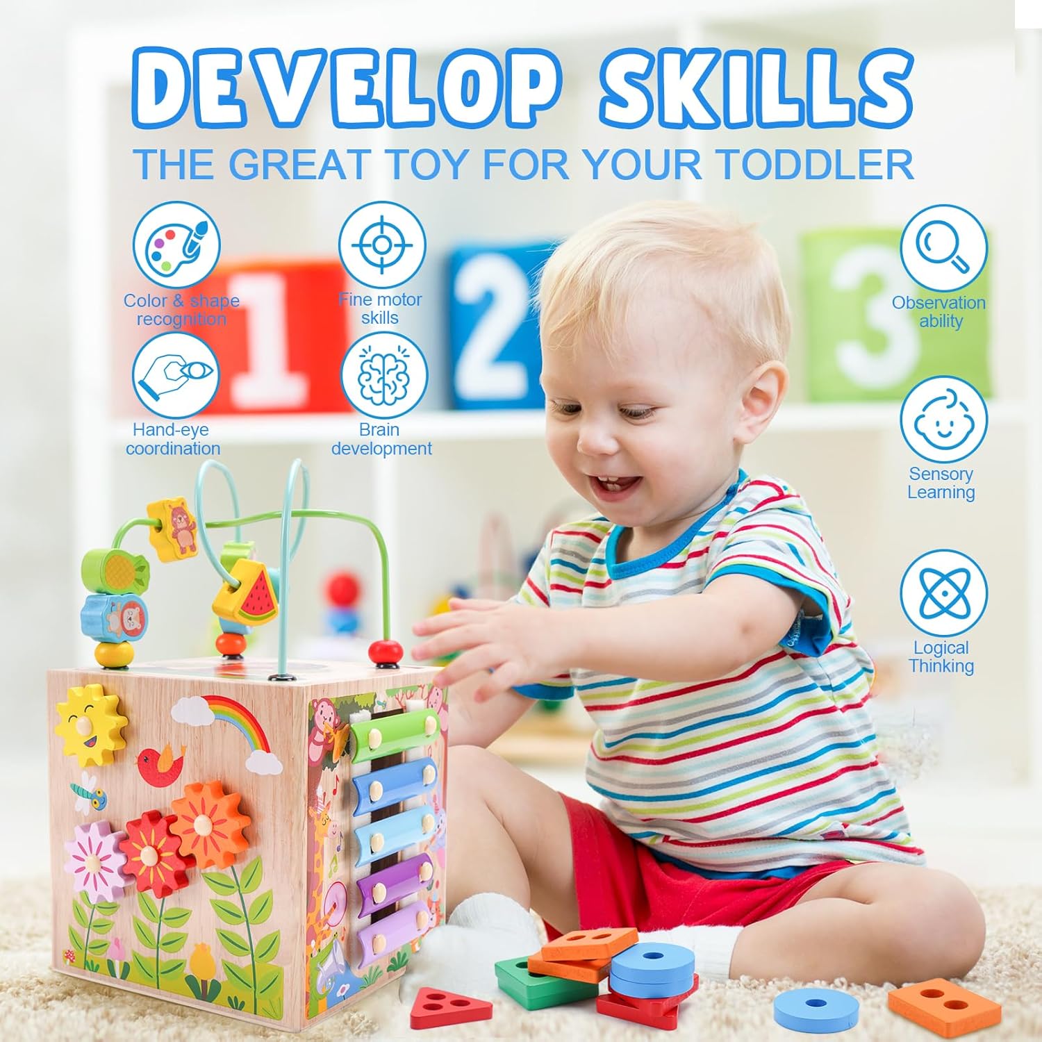 Wooden Activity Cube - Montessori Educational Toy for Toddlers 1-3 Years | Perfect 1st Birthday Gift | Includes Bonus Sorting & Stacking Game (Pink)