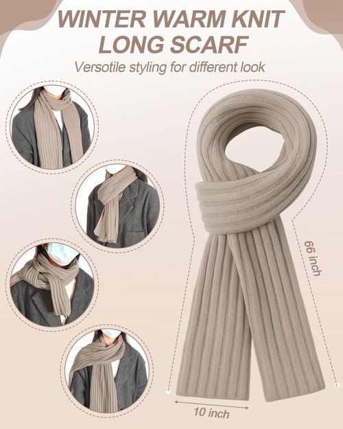 Silicherry 4 Pcs Winter Beanie Hat Scarf Gloves Set Knit Fleece Lined Gloves Ear Muff Knit Hat Long Scarf for Men and Women(Beige)