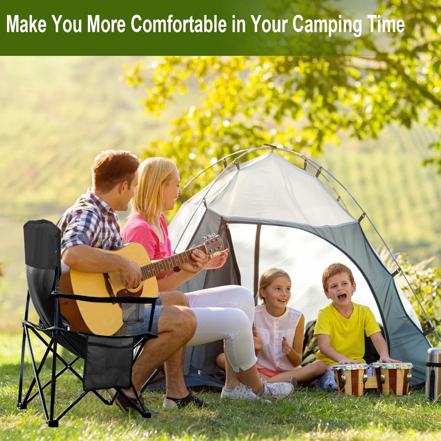 Skiennix Folding Camping Chairs - Heavy Duty Collapsible Lawn Chair with Cooler Bag | Supports 225LBS, Black