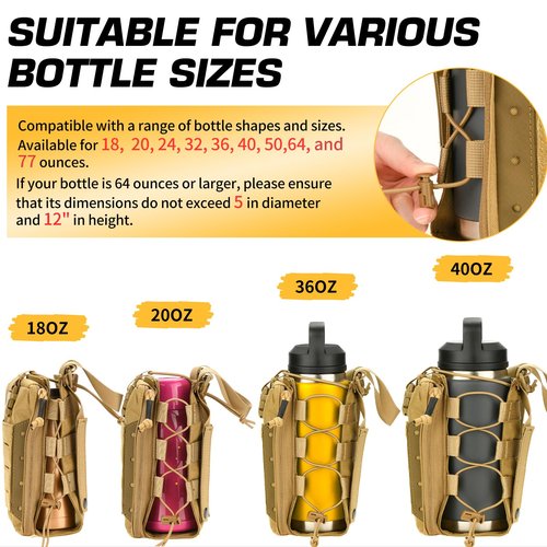 Molle Water Bottle Holder, Water Bottle Pouch Attachment for Backpack, Adjustable Multi-Purpose Tactical Bag for 16 24 32 40 64 oz Adapted to Vest Belt Brown