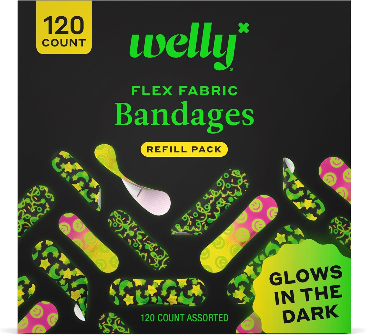 Welly Glow-in-the-Dark Bandage Refill Pack - Flexible Adhesive Fabric Bandages | Assorted Shapes & Patterns - 120 Count