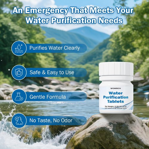 Water Purification Tablets (100 Count) - Emergency Water Treatment for Camping, Survival & Travel - Iodine-Free NaDCC Formula, No Chemical Aftertaste - Essential Addition to First Aid & Survival Kits