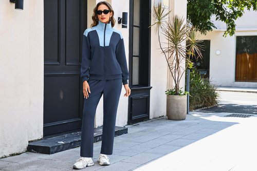 Totatuit Womens Casual Two Piece Sets Fall 2025 Outfits Zip Sweatshirts Straight Leg Pants Sweatsuits Tracksuit Blue Large