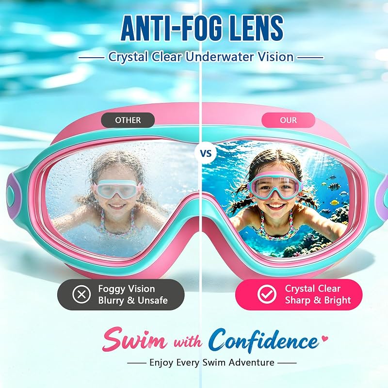 Kids Swim Goggles Anti-Fog Panoramic 180° View for Girls & Boys 3-16 – Pink/Green & Pink/White