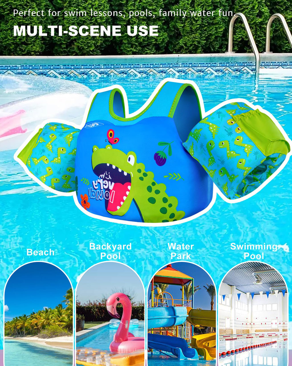 AEOCOO Puddle Float Jumper 30-50-60-70 Pounds, Toddler Swim Vest for 2-3-5-7 Years Old, Pool Floats with Swimming Arm Floaties Swim Jacket for Kids Swimmies, Boys, Girls, Niños, Dinosaur
