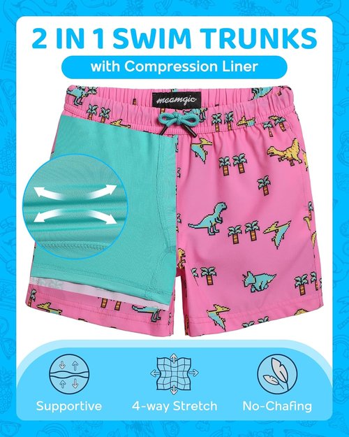 Maamgic Boys Swim Trunks - 4-Way Stretch Quick Dry Bathing Suit with Compression Liner | Toddler Beach Shorts
