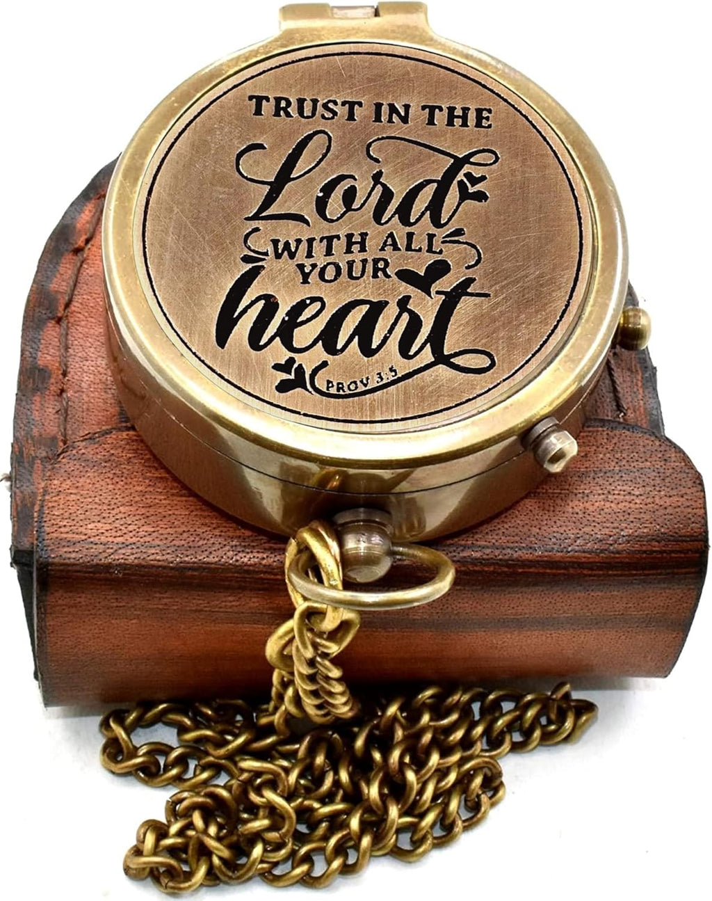Trust In The Lord Compass - Engraved Antique Brass Pocket Compass with Leather Case | Faith Keepsake Gift for Men & Women