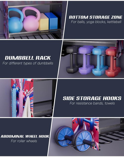 YiiMeeCoo Dumbbell Rack with APP-Controlled LED Lights, Weight Rack for Home Gym Storage, Modern Perforated Wall-Mounted Organizer for Dumbbells, Weight Plates & Accessories, Space Saving