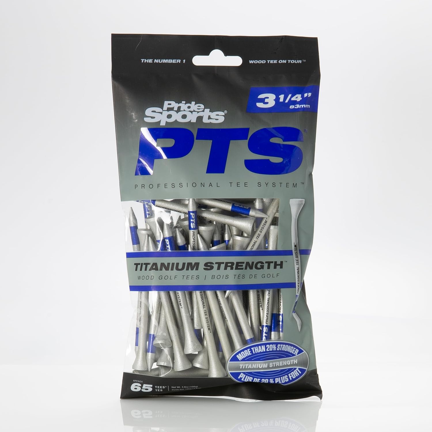PrideSports PTS Titanium Strength Golf Tees - 65 Count, 2-3/4 Inch | 8% Thicker for Enhanced Durability