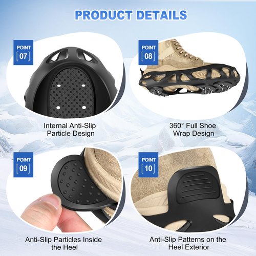 Ice Cleats, Ice Cleats for Shoes and Boots, Crampons for Shoes with 30 Spikes Anti Slip Snow Shoes(Large)