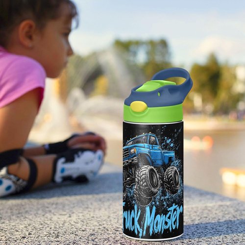 Monster Truck | Black Kids Water Bottle - Vacuum Insulated, Leak-Proof, 12 oz with Straw & Handle for Ages 4-8
