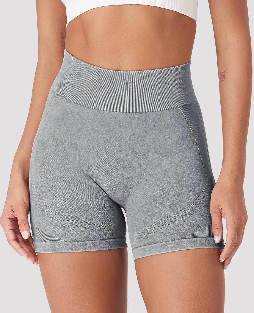 YEOREO Women's Biker Shorts - 4.5" Faux Denim, Mid Waist, No Front Seam, Hidden Scrunch Design