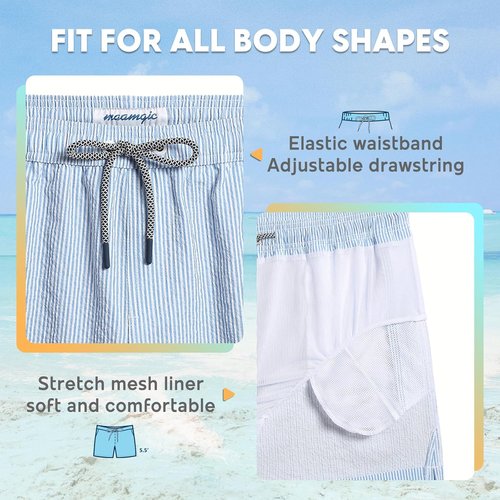 Maamgic Men's Swim Trunks - Quick Dry Seersucker Beach Shorts with Mesh Liner | 5.5 Inch Length