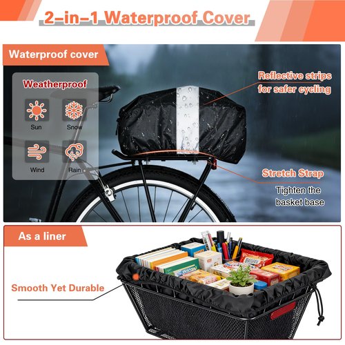 Large Bicycle Basket - Rear Bike Basket with Cargo Net and 2-in-1 Waterproof Cover, Wire Bike Baskets, Large Capacity for Adult Bikes,Electric Bike,Carrying Grocery,Ball,Dog