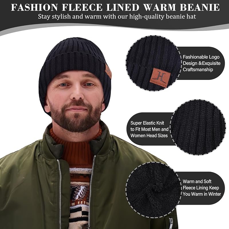 Mens Winter Beanie Hat and Scarf with Touchscreen Gloves Set - Black, One Size
