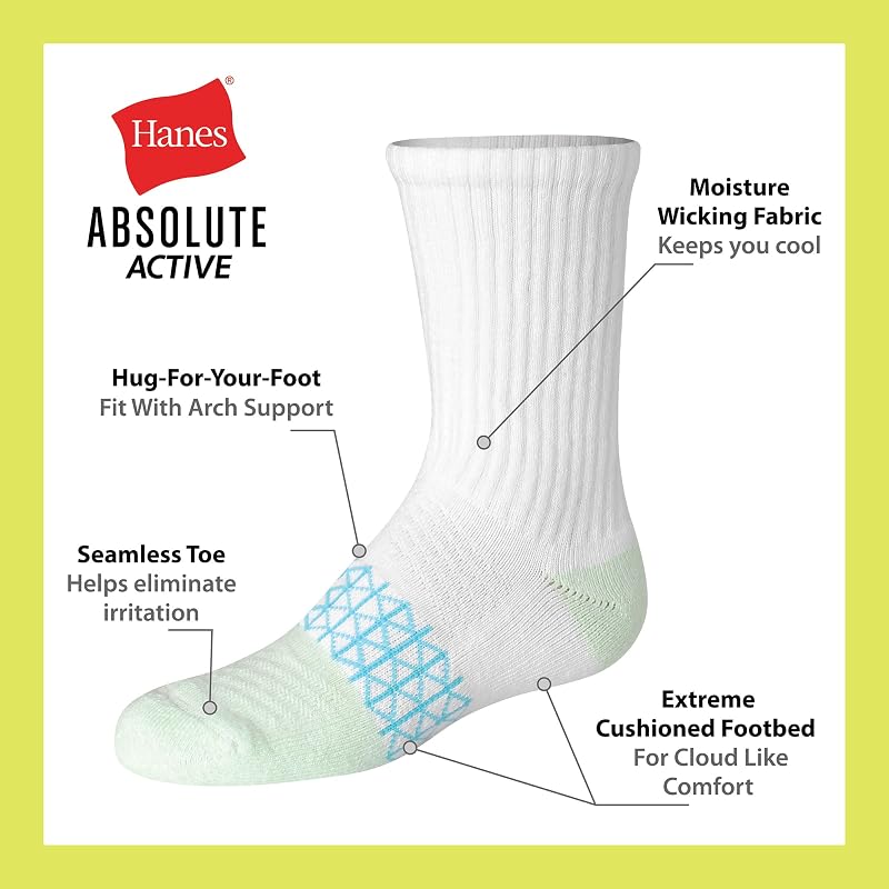 Hanes Absolute Active Cushioned Ankle Socks for Girls — White/Green, 6 Pairs, Crew (Large)