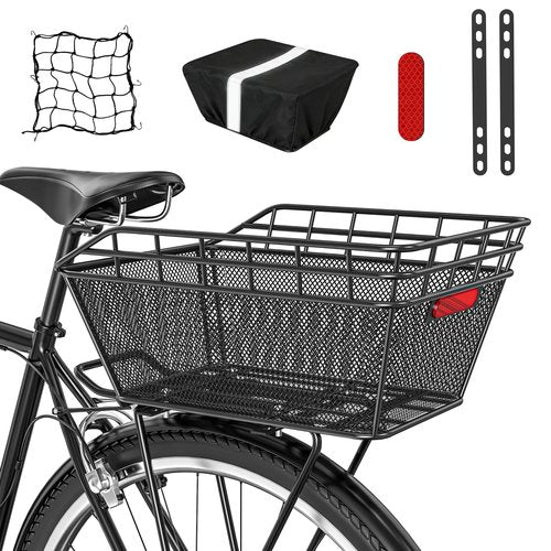 Large Bicycle Basket - Rear Bike Basket with Cargo Net and 2-in-1 Waterproof Cover, Wire Bike Baskets, Large Capacity for Adult Bikes,Electric Bike,Carrying Grocery,Ball,Dog