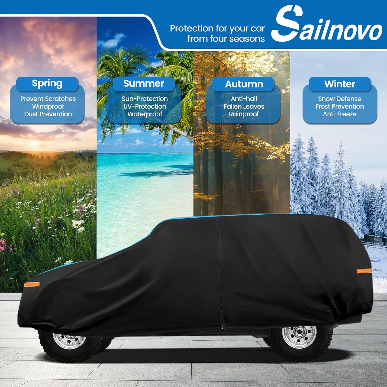 Sailnovo Jeep Wrangler Cover - Waterproof Outdoor Protection for 1987-2023 JK JL CJ YJ TJ | Full Car Cover with Zipper & Reflective Strips