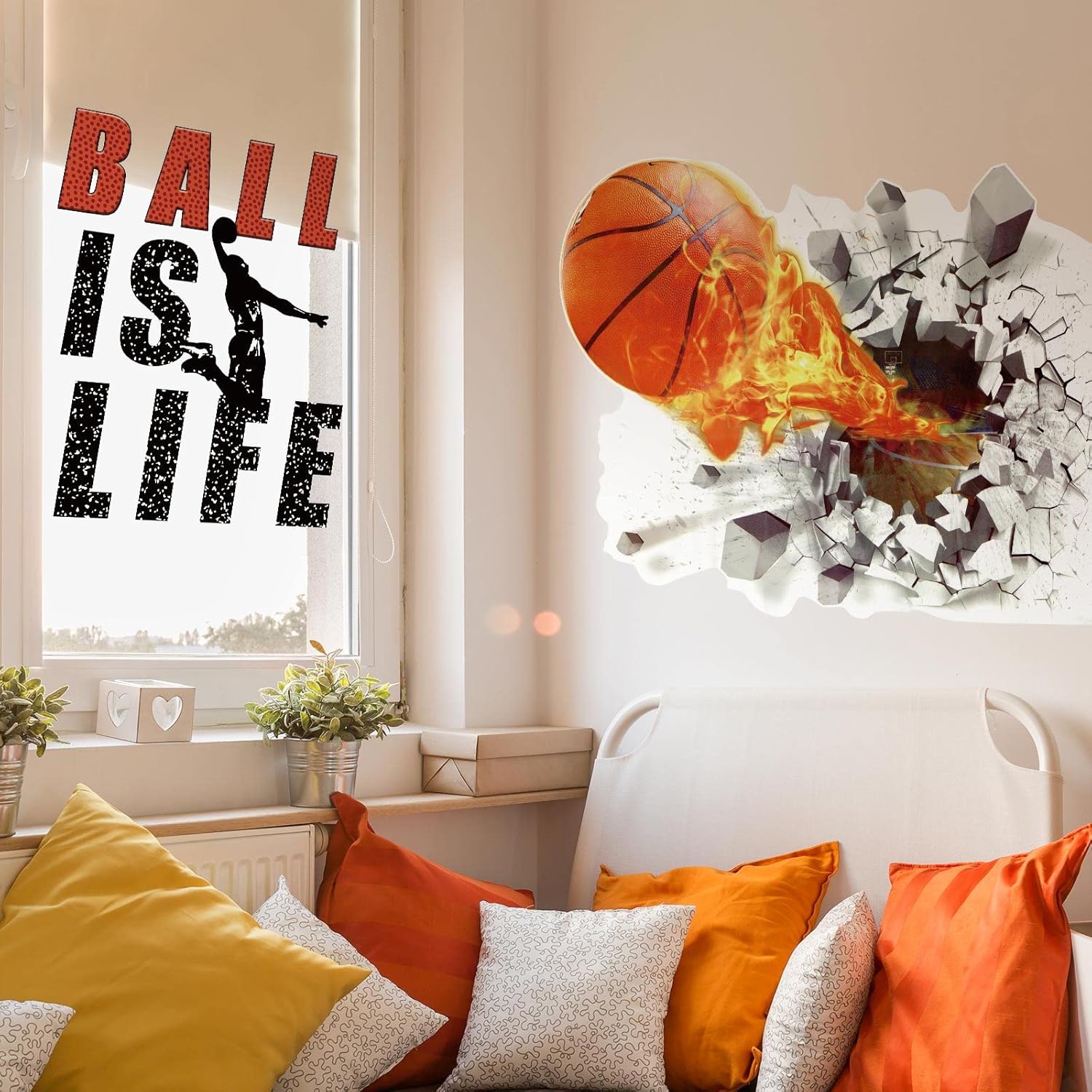 Skiennix Basketball Wall Decor - 3D Self-Adhesive Vinyl Dunk Silhouette Sticker | 18 x 38 Inch for Boys' Bedroom