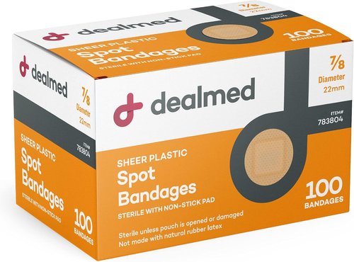 Dealmed Sheer Plastic Spot Bandages - Small Round Sterile Strips, Latex-Free Wound Care, 100 Count