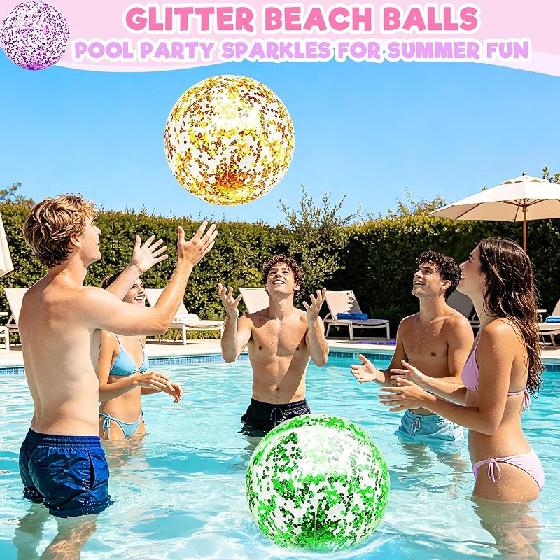 Multicolor 12 Pack 16” Glitter Beach Balls - Inflatable Pool Toys for Summer Party