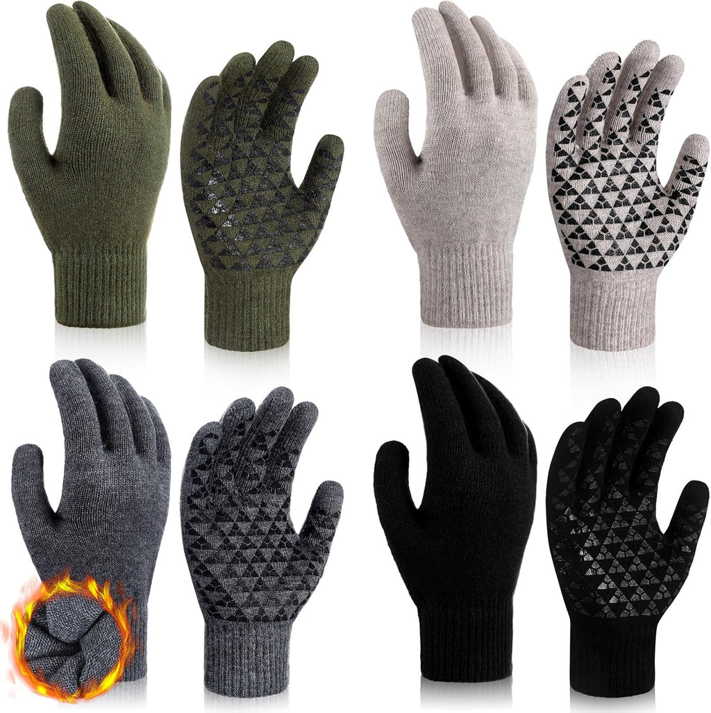 Skiennix Men's Wool Gloves - Non-Slip Grip for Cold Weather | 4 Pairs Tactical Warm Work Gloves