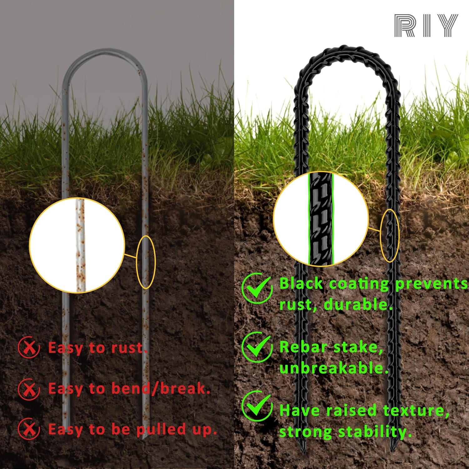RIY Trampoline Stakes - Heavy Duty 12 Inch Ground Anchors with T Hook for High Wind Stability
