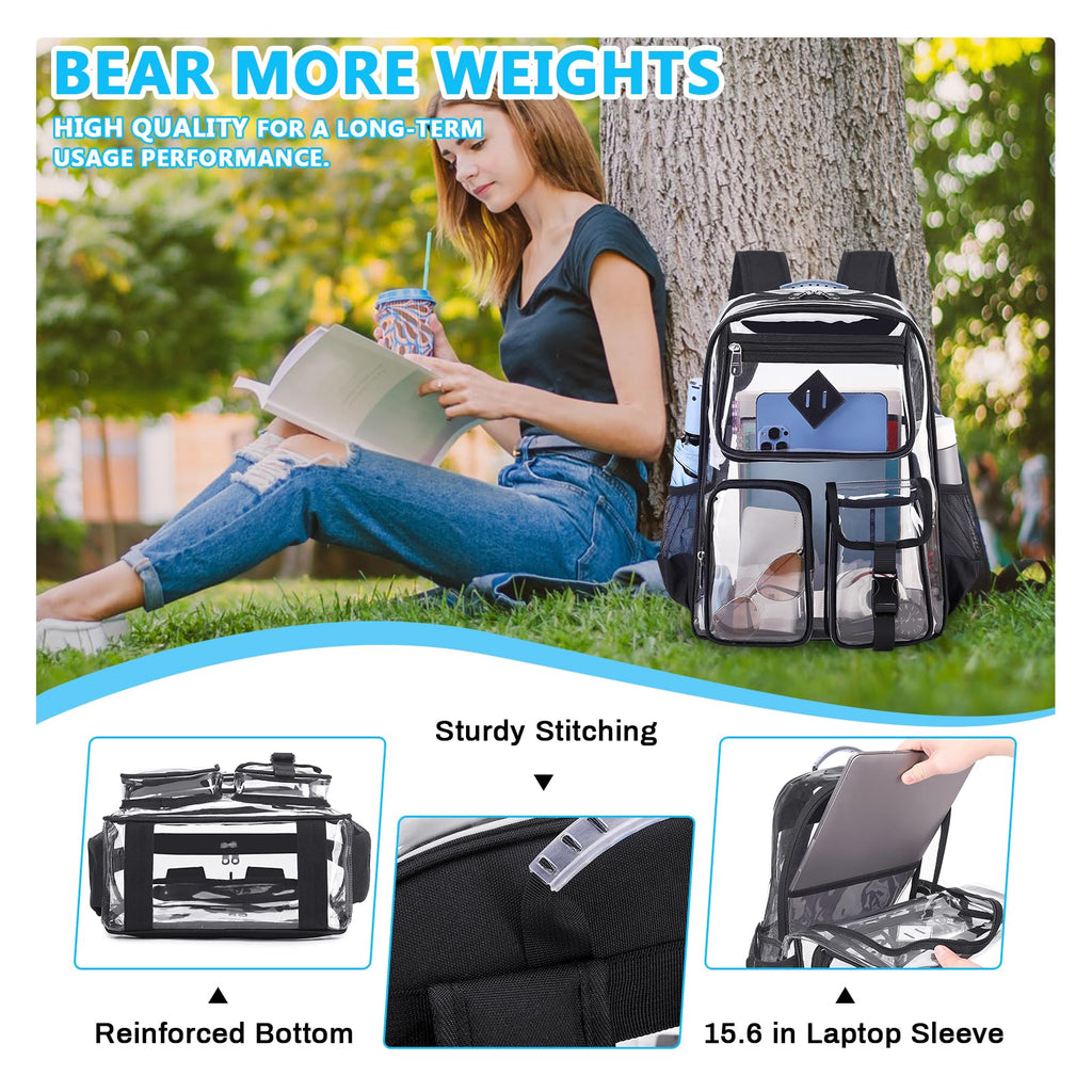 PIG PIG GIRL Clear Backpack for School,Heavy Duty PVC Clear Bookbag Transparent Backpack for Boys Girls Stadium Approved See Through Backpacks for Women Men for College, Black