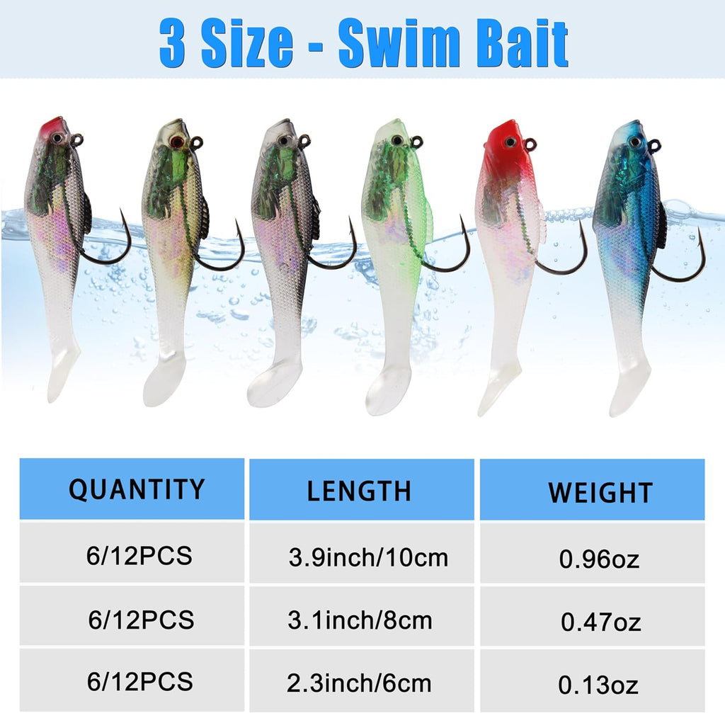 Skiennix Pre-Rigged Swimbaits - 6/12pcs Paddle Tail Swim Baits for Bass, Trout & Walleye Fishing