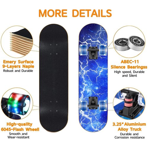 GIEEU Skateboards with Colorful Flashing Wheels for Beginners,Kids,Teens,Adults,31 x 8 Inch Complete Standard Skate Boards 9 Layer Canadian Maple Deck Concave Skateboard