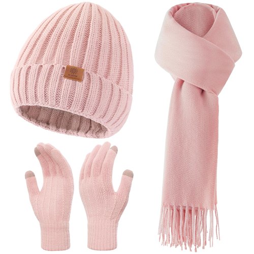 Womens Winter Knit Warm Hat Beanie+Long Scarf+Touch Screen Gloves Set Skull Caps Neck Scarves for Women/Men,Pink