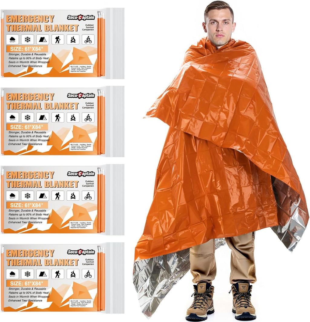 SecuCaptain Emergency Thermal Blankets - Thick 28um Mylar Kit for Cold Weather Camping | 4 Pack Orange