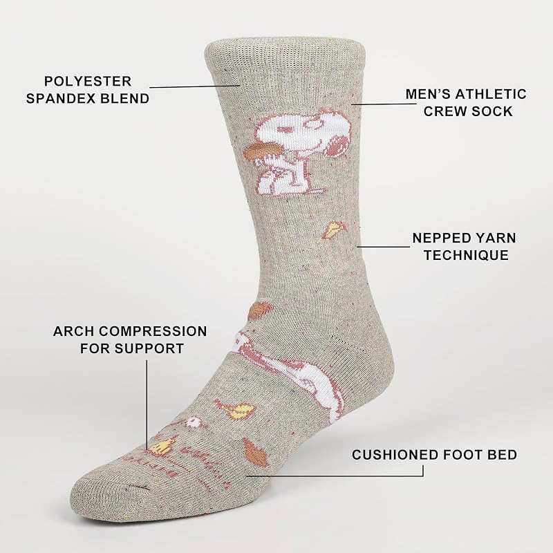 Athletic Crew Socks with Peanuts Graphic – Cushioned Footbed, Arch Support