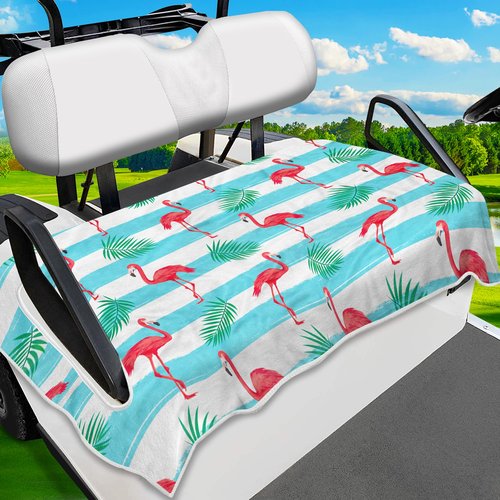 ENYORSEL Tropical Golf Cart Seat Covers, Breathable Microfiber Golf Cart Seat Towel Blanket, Fits Yamaha, EZGO, Club Car, Icon and More 2 & 4 Passenger Carts, 51"x31", Striped Flamingo