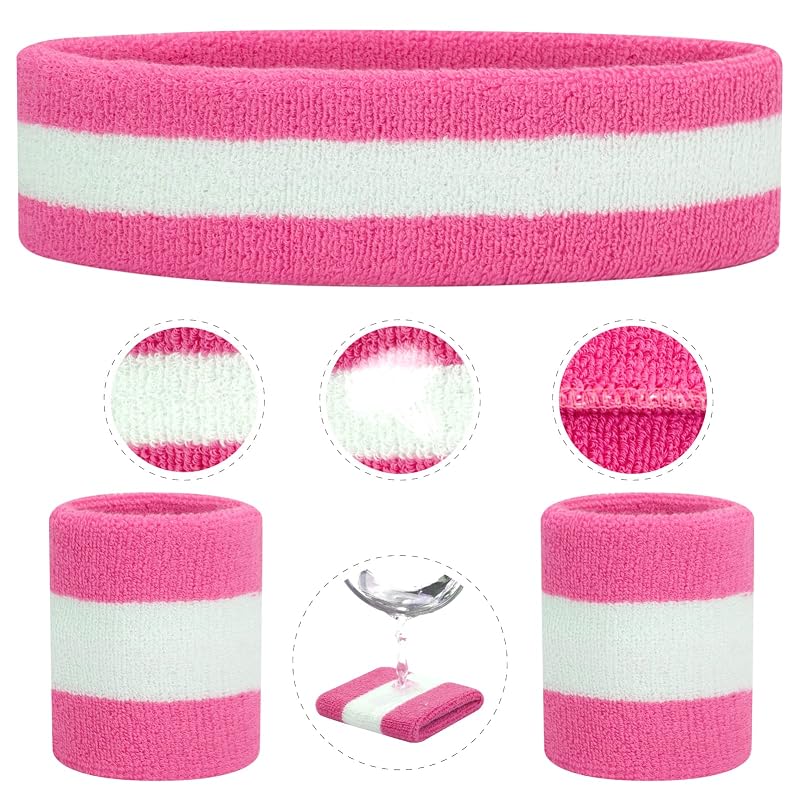 ONUPGO Sweatbands Set – Neon Headband & Wristbands for Men Women, 3-Piece Pink/White/Pink