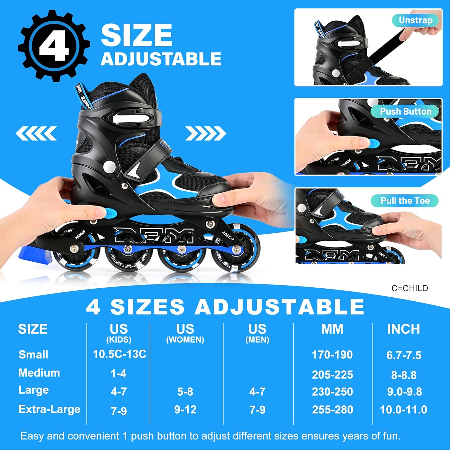 2PM SPORTS Inline Skates for Kids - Adjustable Light-Up Roller Skates for Ages 5-12 | Fun & Safe