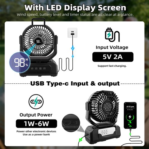 Roykaw Camping Fan 20800mAh Rechargeable Battery Powered Fan for 60 Hrs Cooling, Oscillating Fan with Battery Level Display, Colorful LED Lights & Timer Function,Black