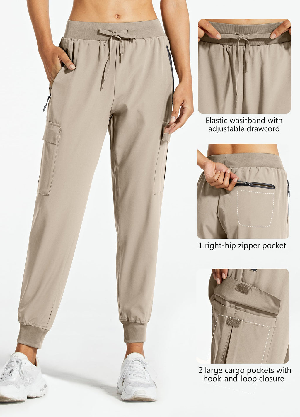 Libin Women's Cargo Joggers Lightweight Quick Dry Hiking Pants Athletic Lounge Casual Travel Tall, Medium Khaki L