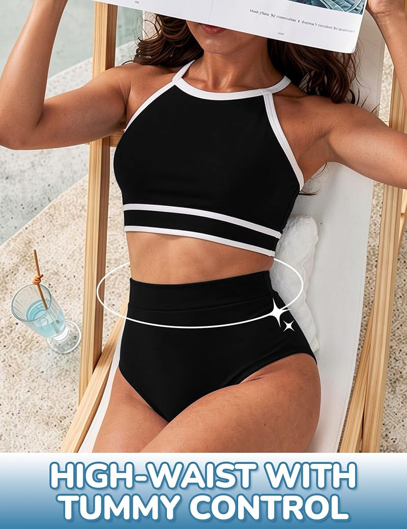 Period Swim Bottoms High-Waist Tankini with Built-In Absorbent Liner, Black, Medium