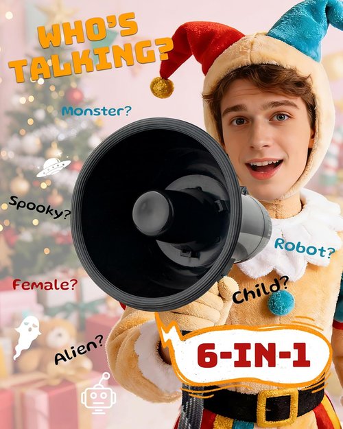 MyMealivos Prank Voice Changer Megaphone with 6 Different Sound Effects Voice Changing Bullhorn for Birthday Party, White Elephant Gift Exchange-Black