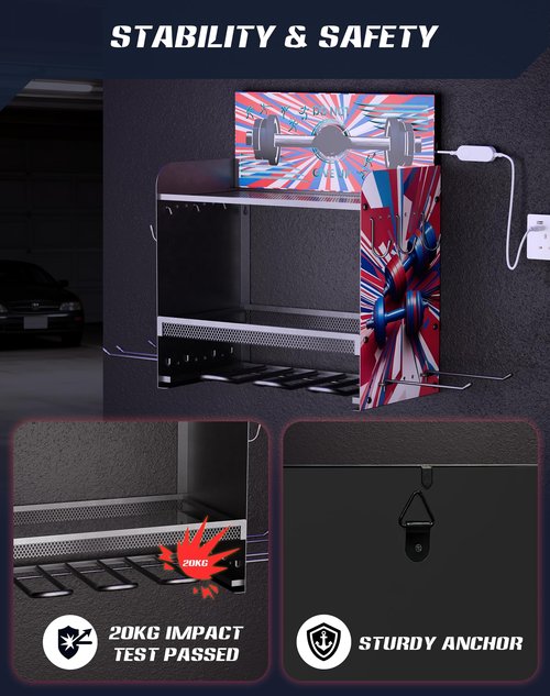 YiiMeeCoo Dumbbell Rack with APP-Controlled LED Lights, Weight Rack for Home Gym Storage, Modern Perforated Wall-Mounted Organizer for Dumbbells, Weight Plates & Accessories, Space Saving
