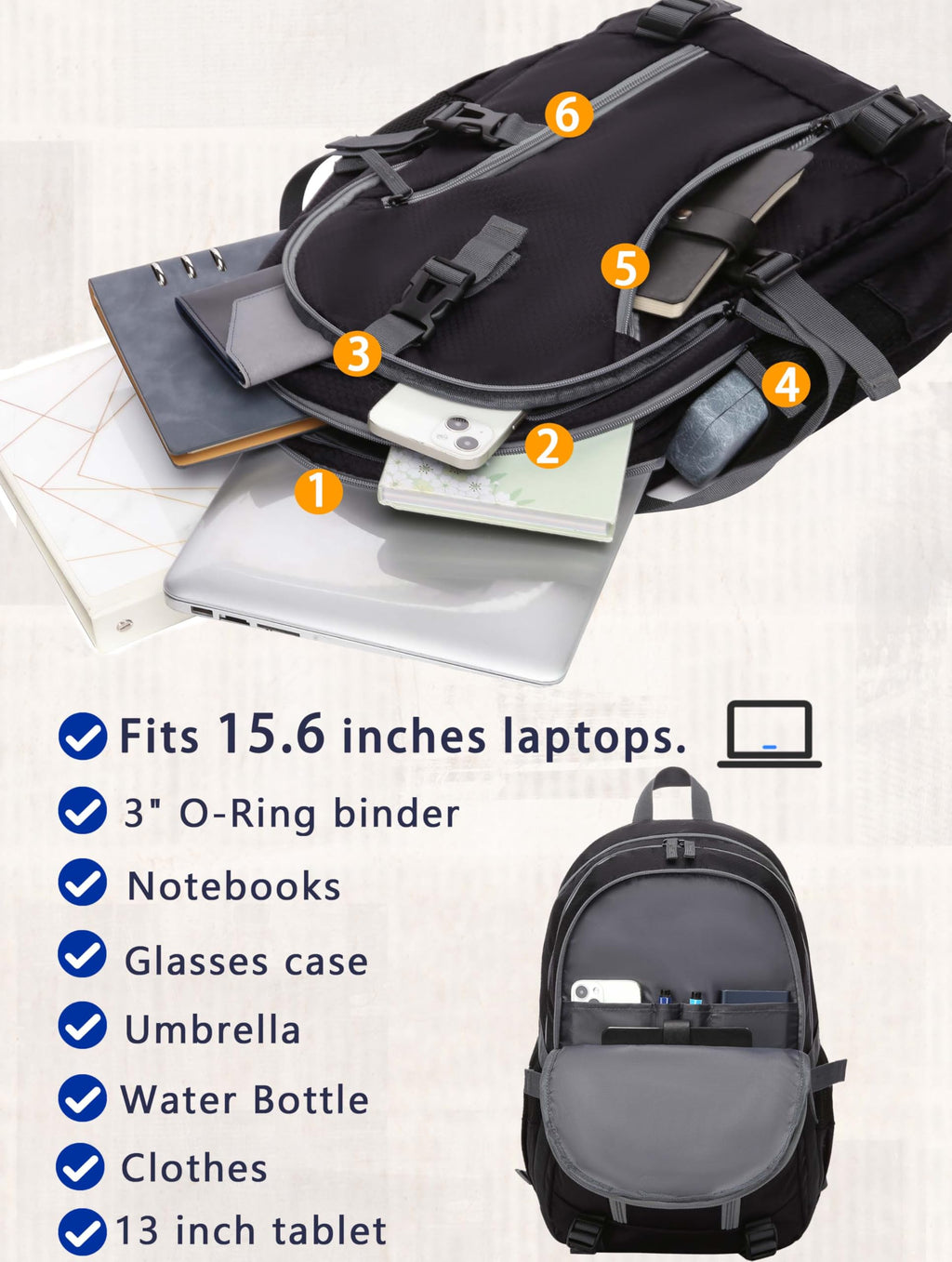 BLUEFAIRY High School Backpack for Girls Boys Middle School Bookbag for Kids Back to School Bag for College with Large Compartment Casual Daypack Mochilas para Niñas Adolescentes 18" Black