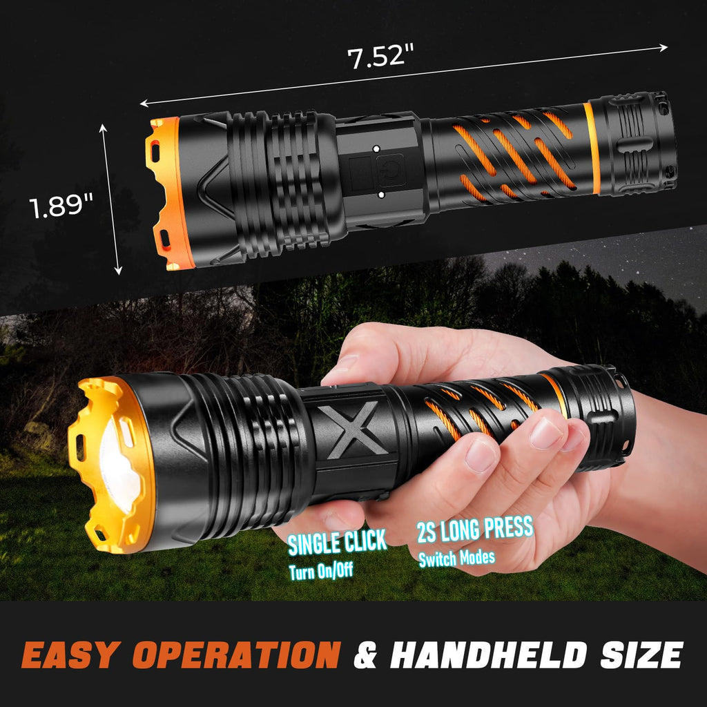 Super Bright Flashlight High Lumens 100000 Rechargeable, Powerful Strong 50W LED, Long Lasting 15 Hours, Quick USB C Charge, Improved Single Click Design 3-Mode, LCD Display & Output, for Hiking Home